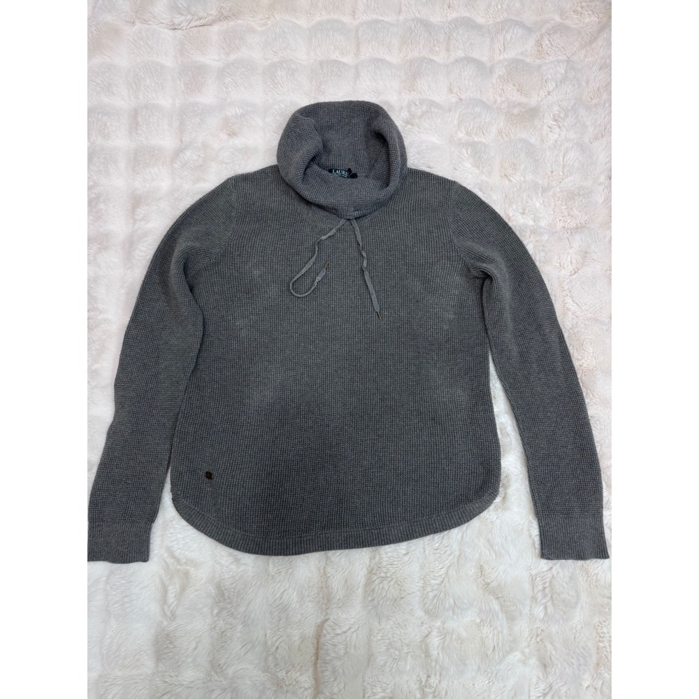 Lauren Ralph Lauren Womens Gray Waffle Knit Cowl Neck Drawstring Sweater Large
